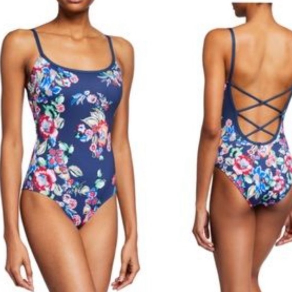 NWT Johnny Was Maya Floral Low-Back Tank One Piece Swimsuit inBlue Floral Medium - Picture 3 of 7